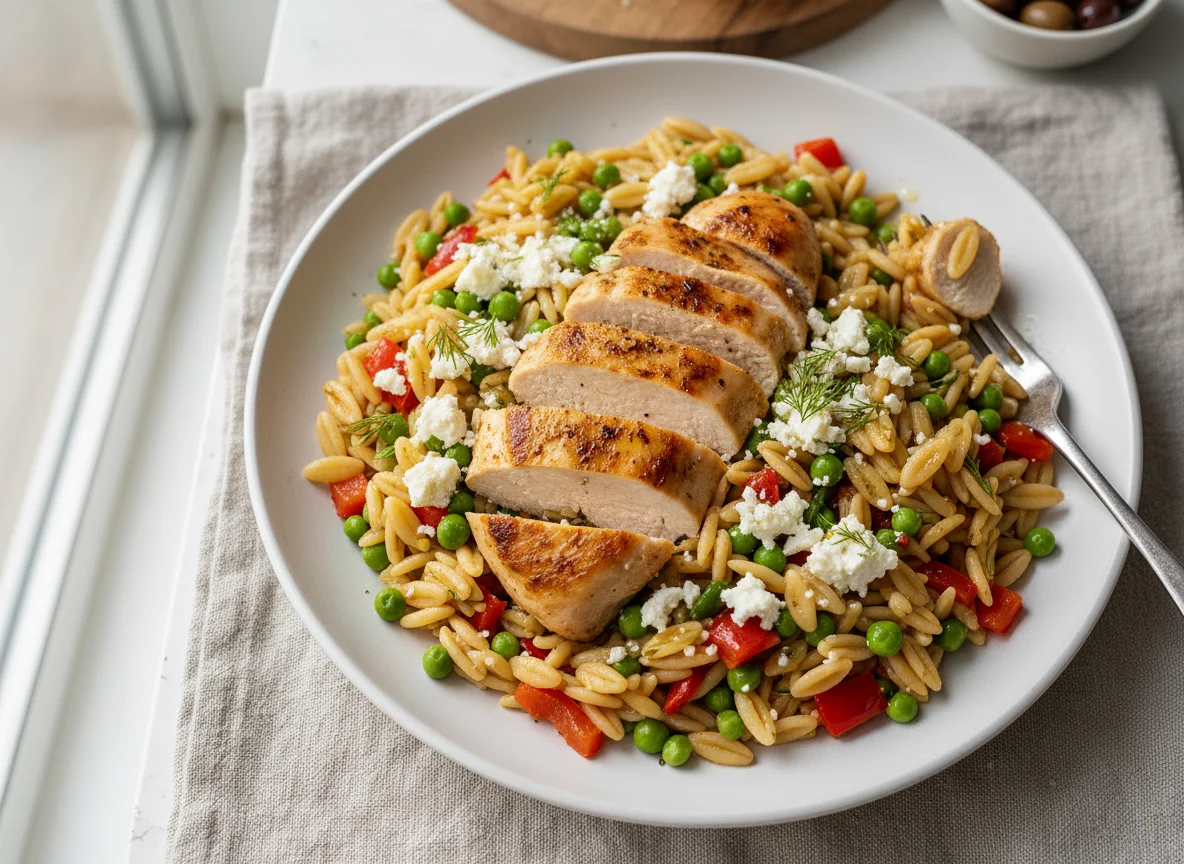 Chicken and Orzo with Vegetables and Feta photo