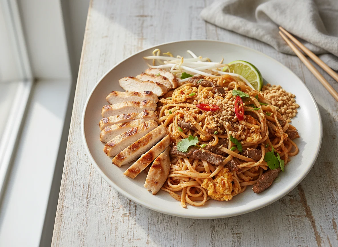 Chicken and Pad Thai style noodles photo