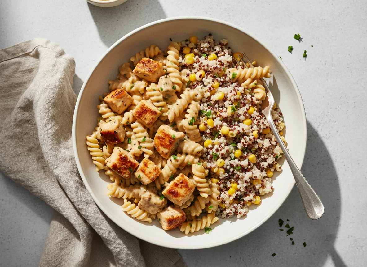 Chicken and pasta bowl with sauce and quinoa photo
