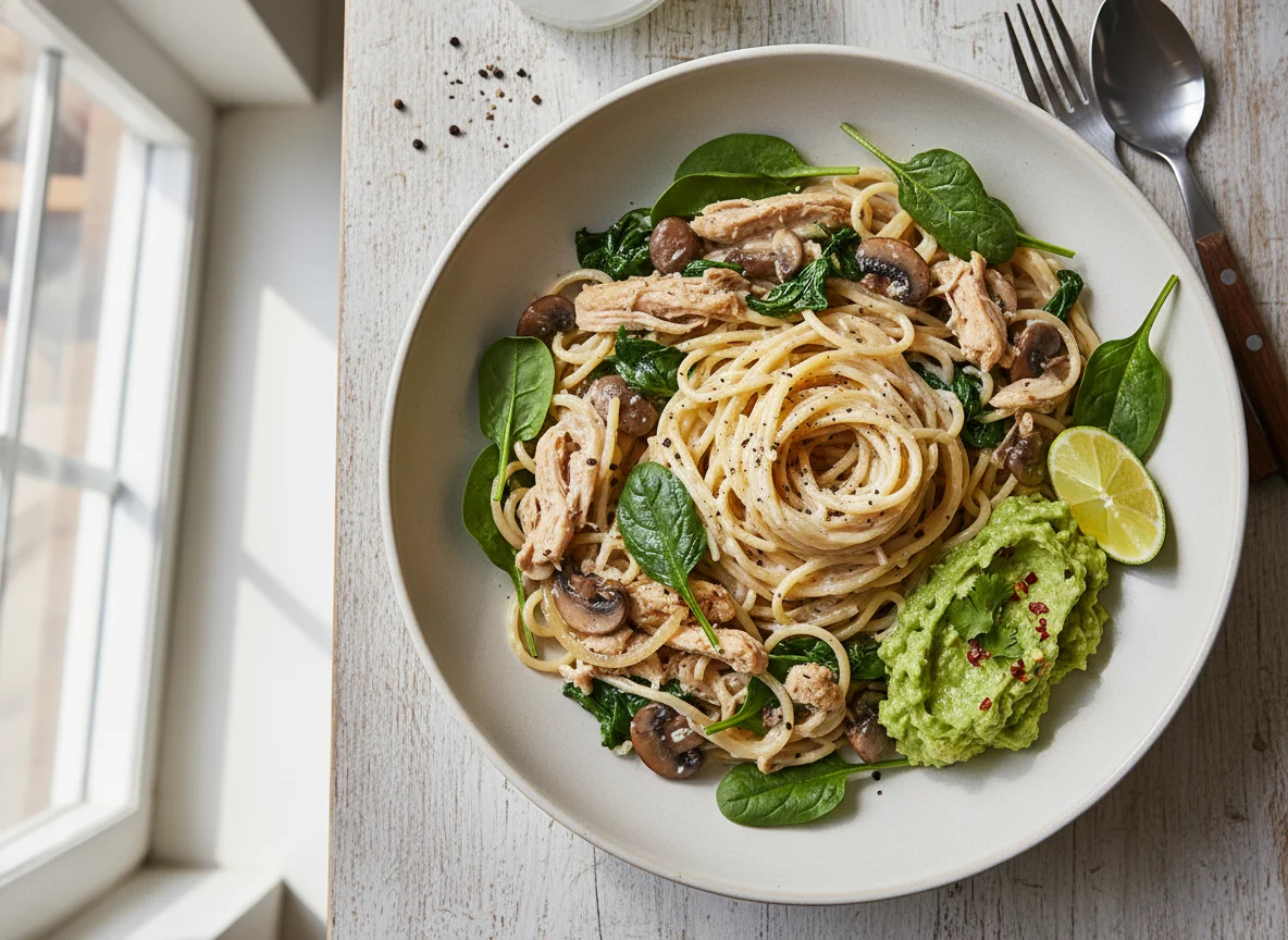 Chicken and Pasta with Spinach and Guacamole photo