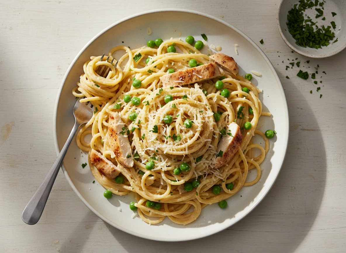 Chicken and Pea Spaghetti with Cream Sauce photo