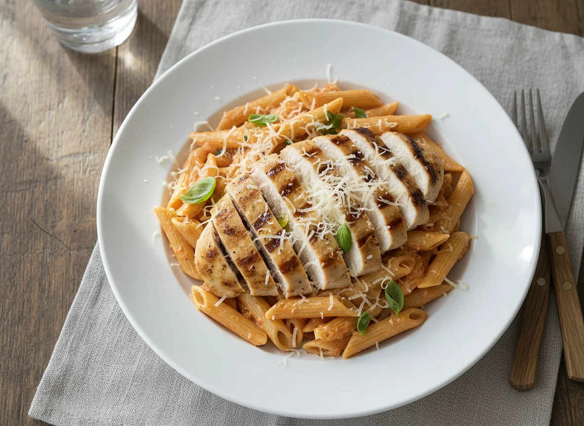 Chicken and Penne Pasta with Grated Cheese photo