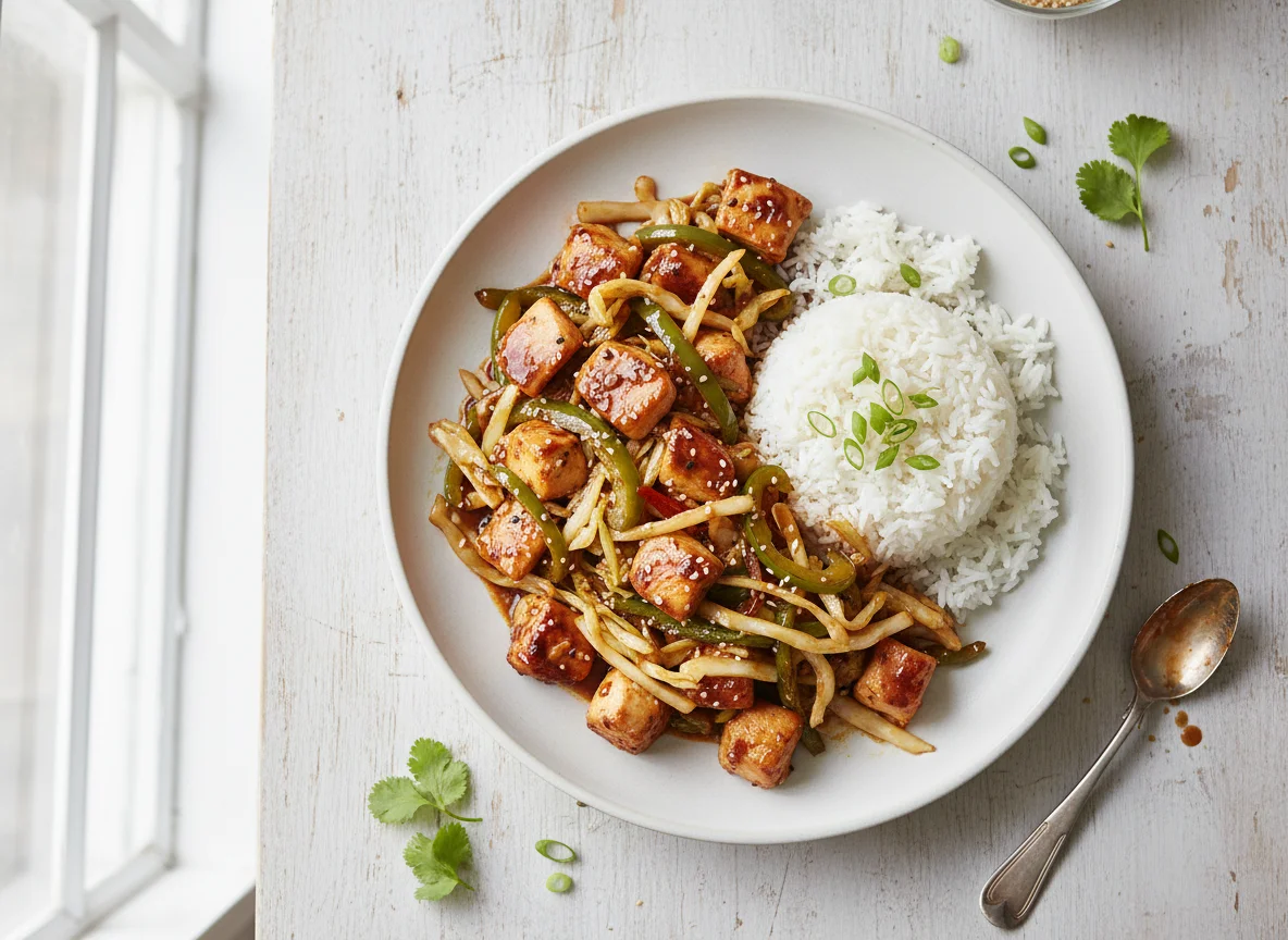 Chicken and Pepper Stir-fry with Rice and Cabbage photo