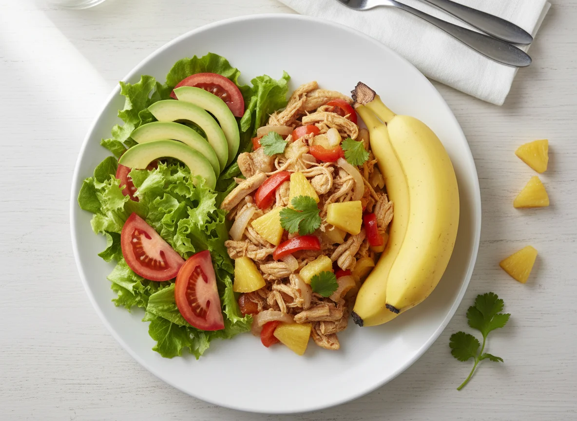 Chicken and Pineapple Meal with Salad and Fruit photo