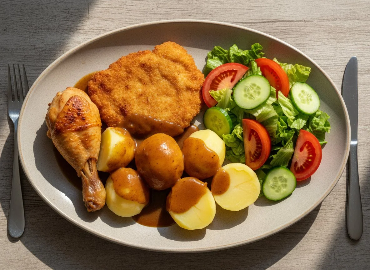 Chicken and Pork with Potatoes and Salad photo
