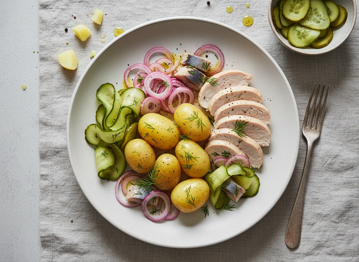Chicken and Potato Meal with Pickled Cucumber and Red Onion photo