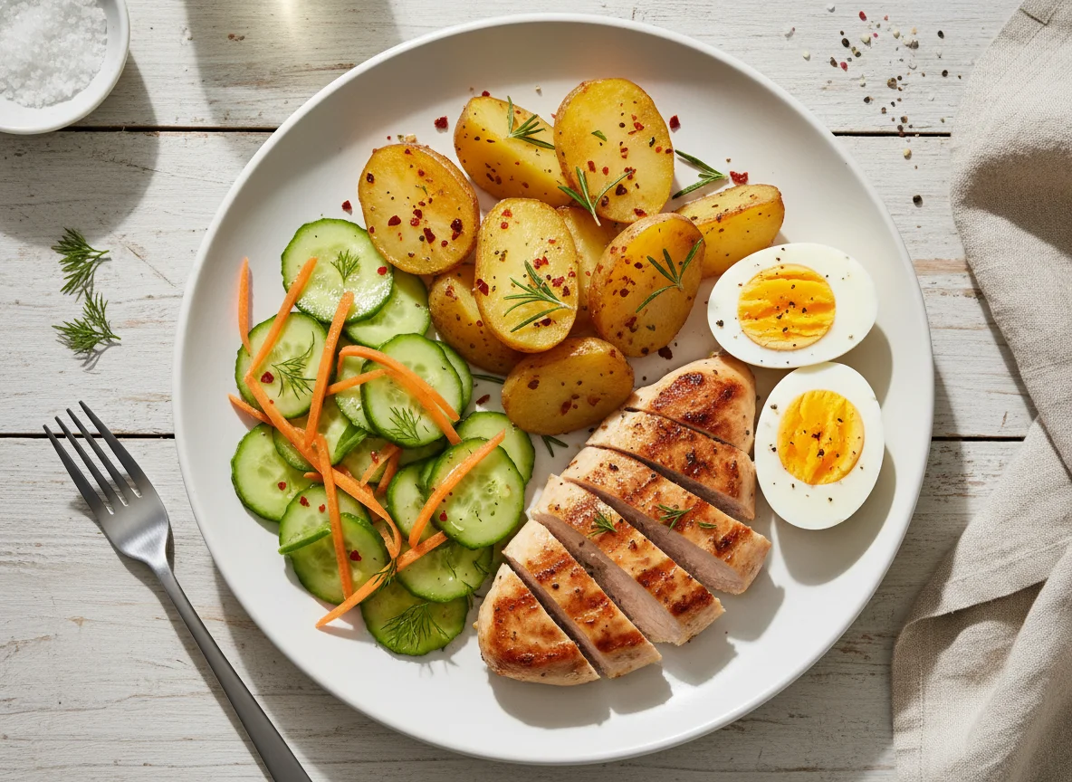 Chicken and Potato Meal with Salad and Boiled Eggs photo