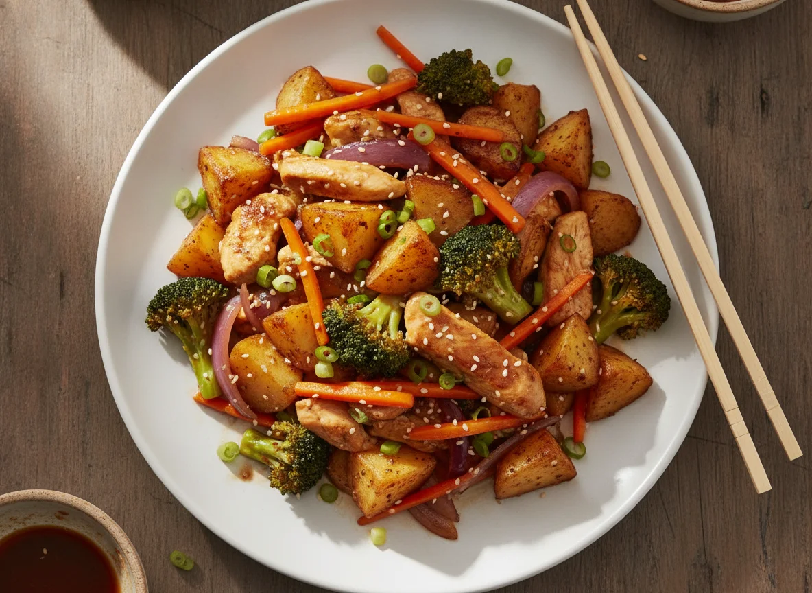 Chicken and Potato Stir-fry with Broccoli photo