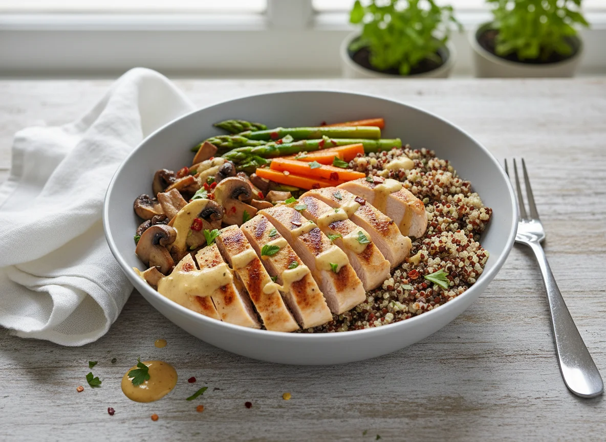 Chicken and Quinoa Bowl with Vegetables and Sauce photo
