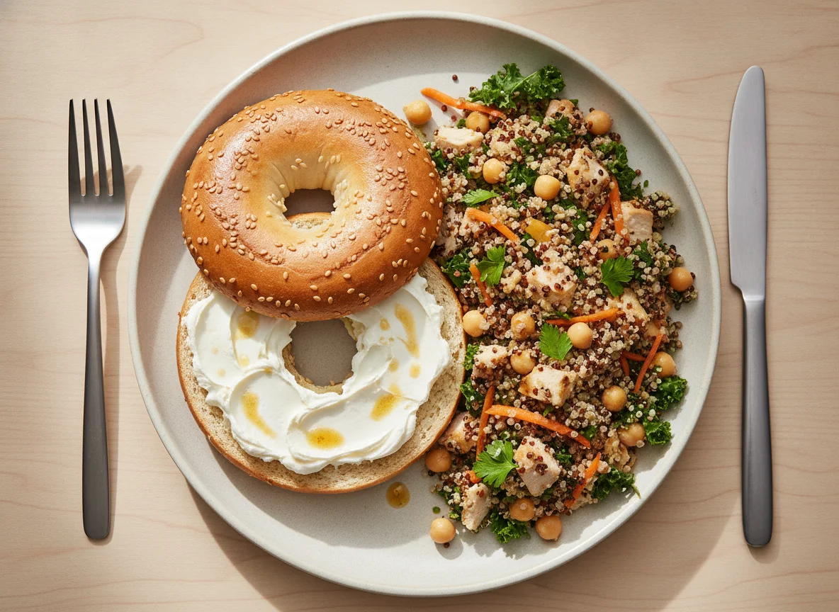 Chicken and Quinoa Salad with Cream Cheese Bagel photo