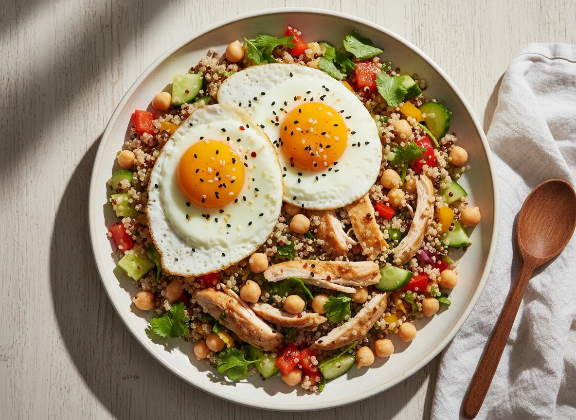 Chicken and Quinoa Salad with Fried Eggs photo