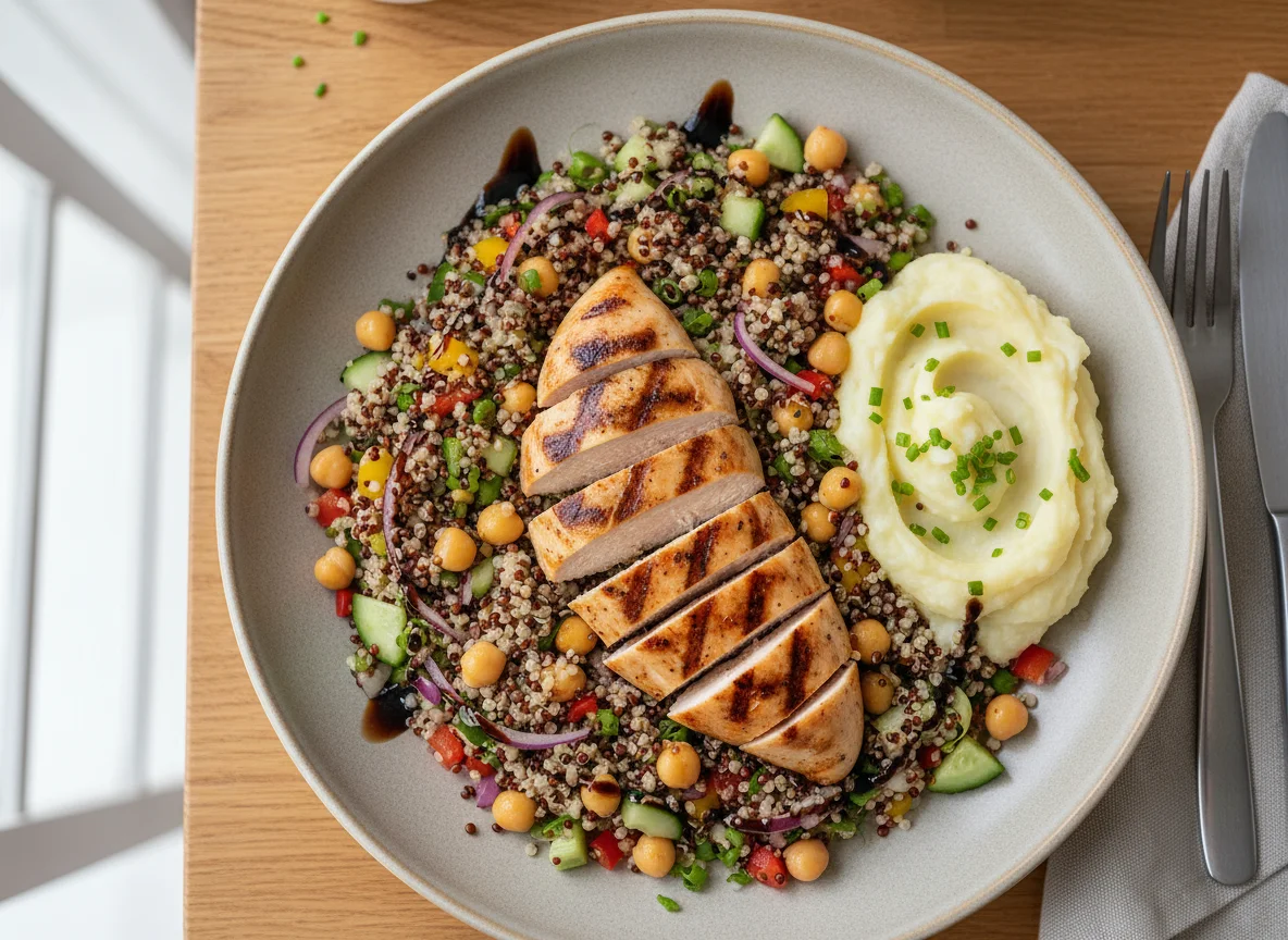Chicken and Quinoa Salad with Mashed Potato photo