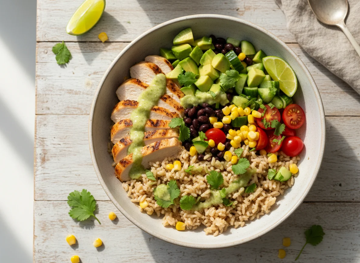 Chicken and Rice Bowl with Avocado and Vegetables photo