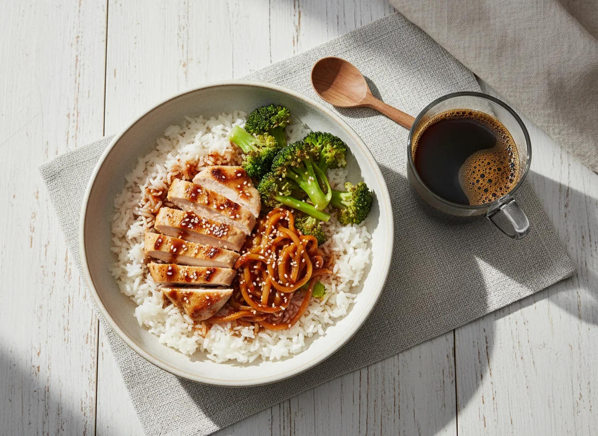Chicken and Rice Bowl with Coffee photo