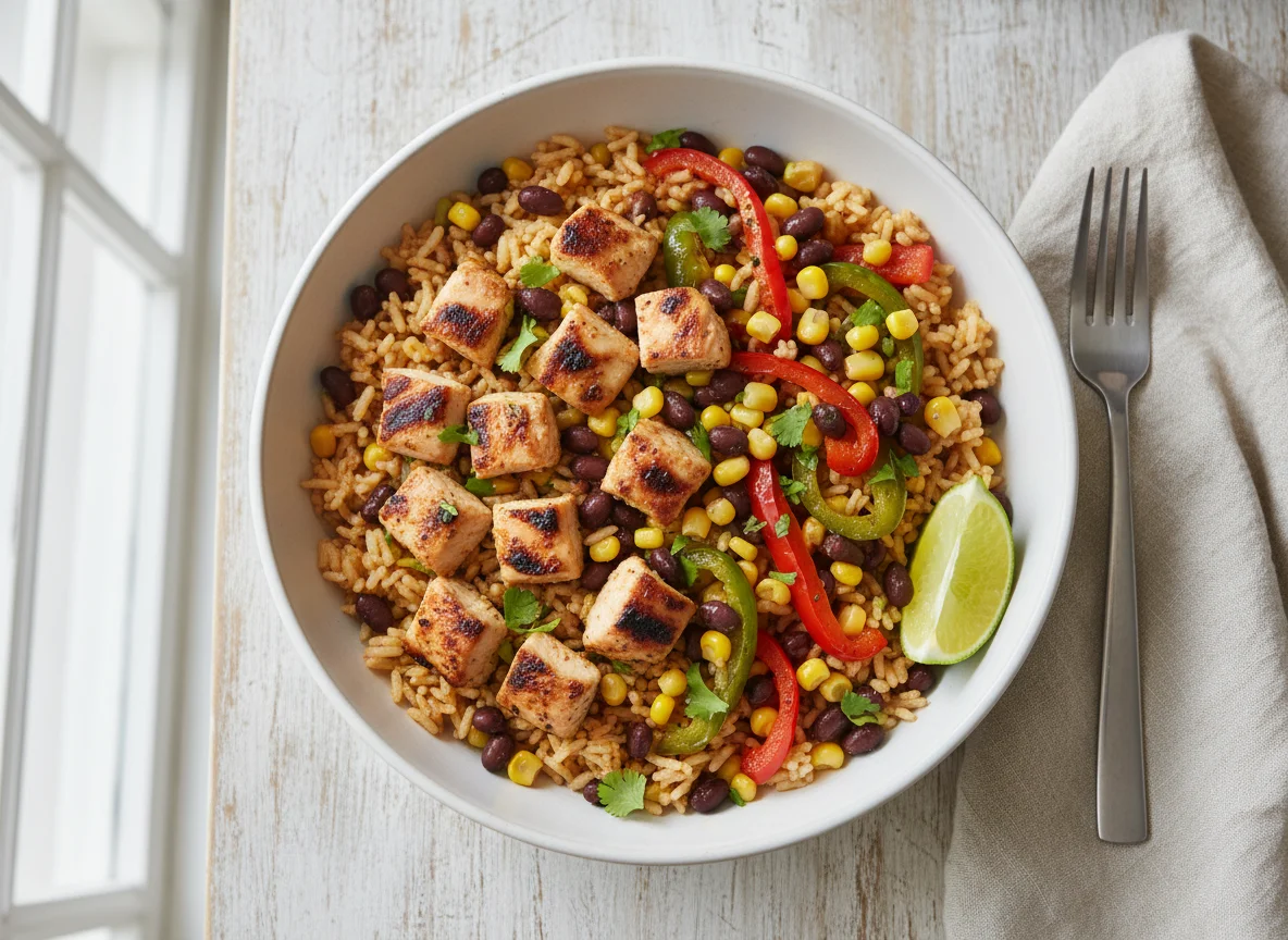 Chicken and Rice Bowl with Corn and Black Beans photo