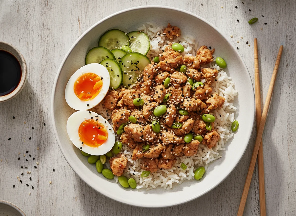 Chicken and Rice Bowl with Edamame and Egg photo