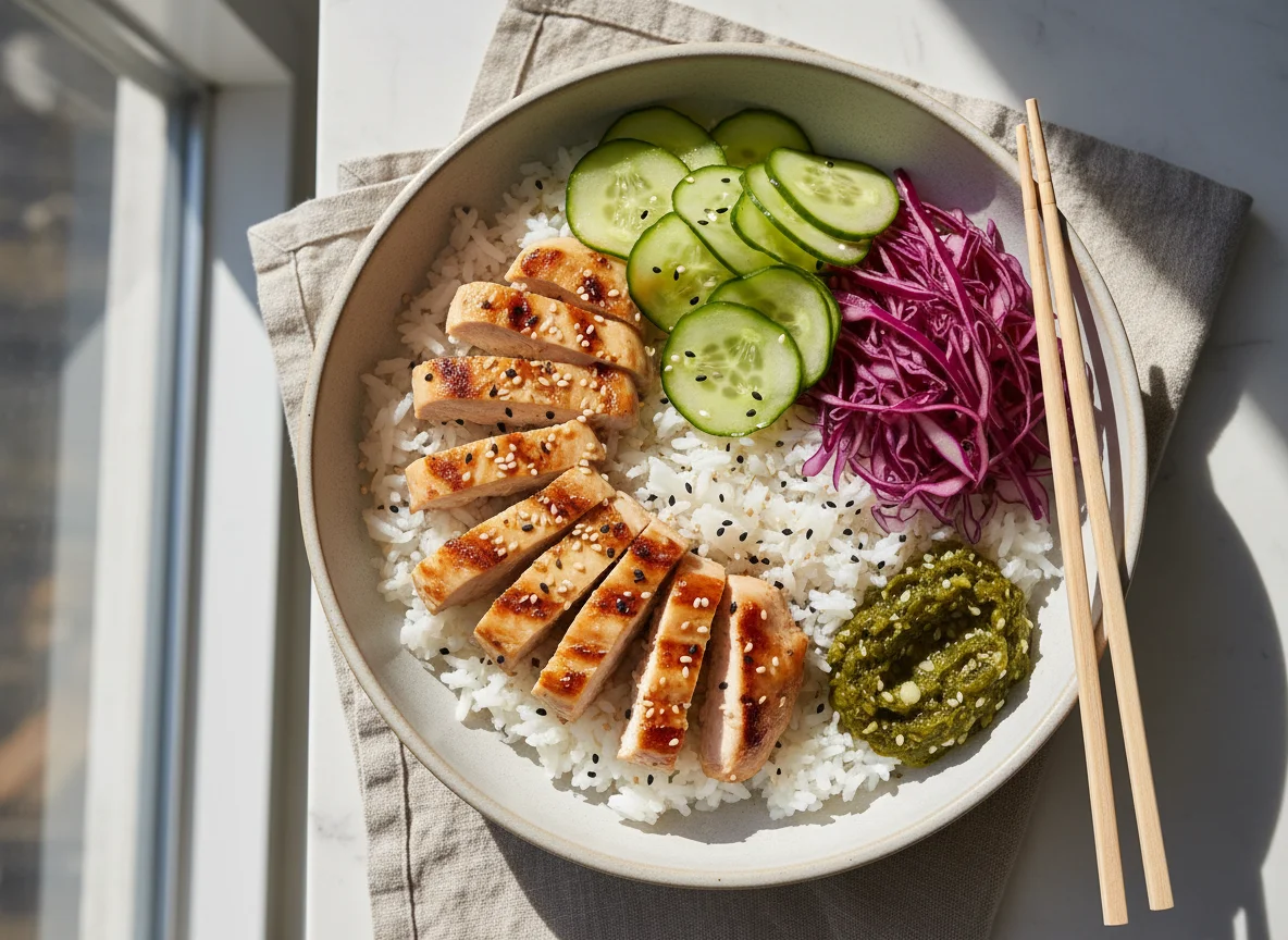 Chicken and Rice Bowl with Pickles and Cabbage photo