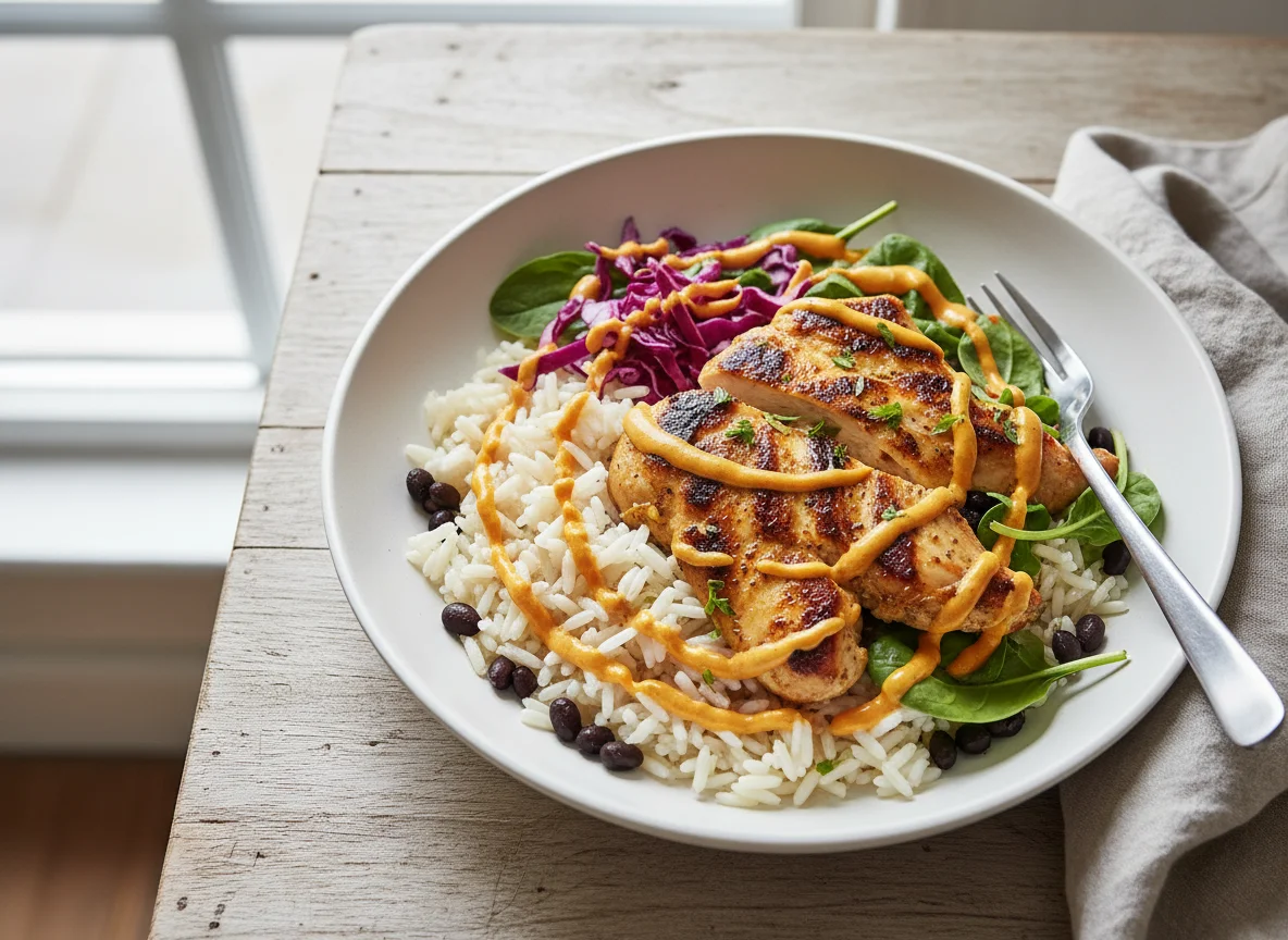 Chicken and Rice Bowl with Red Cabbage and Sauce photo
