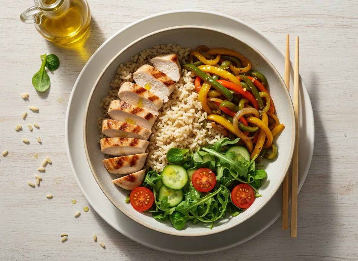 Chicken and Rice Bowl with Stir-fried Vegetables and Salad photo