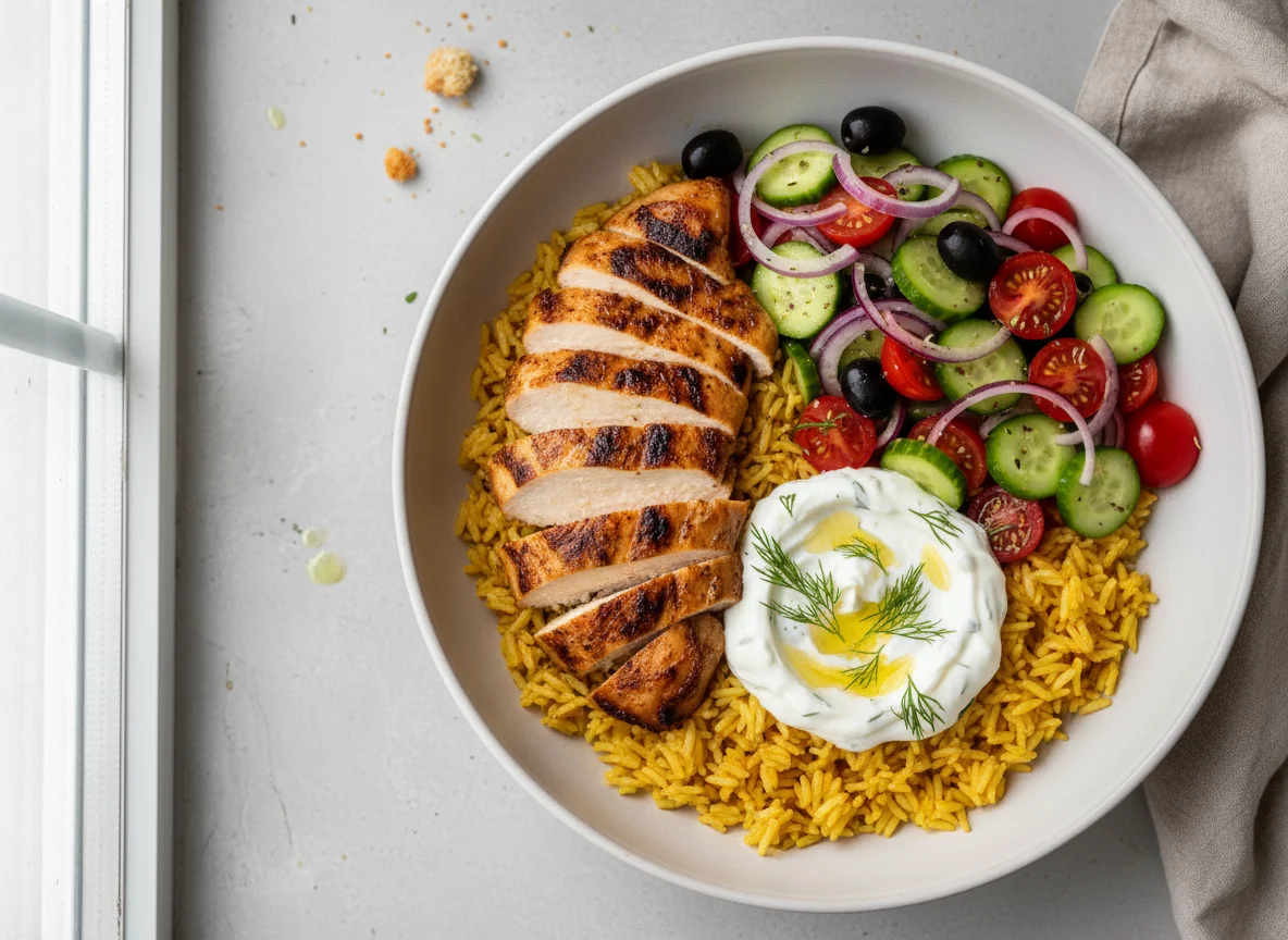 Chicken and Rice Bowl with Tzatziki and Salad photo