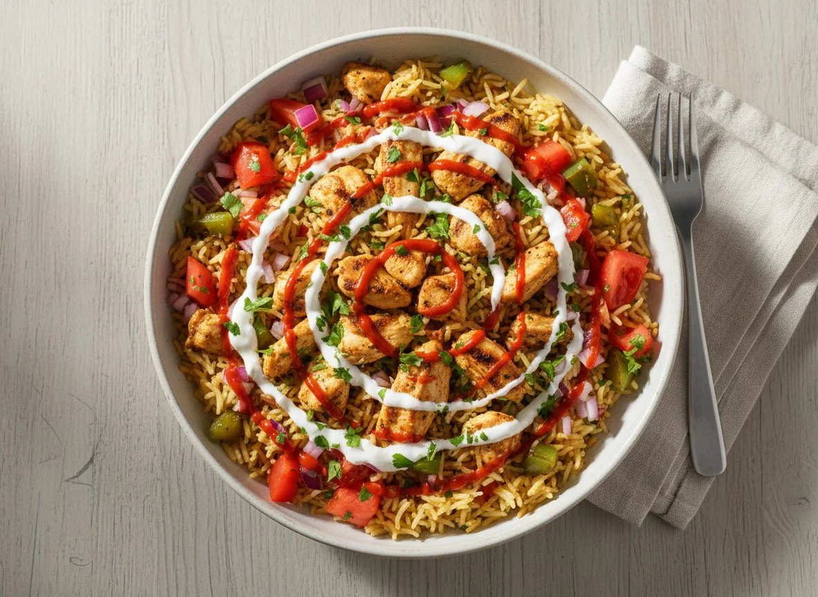 Chicken and Rice Bowl with Vegetables and Sauce photo