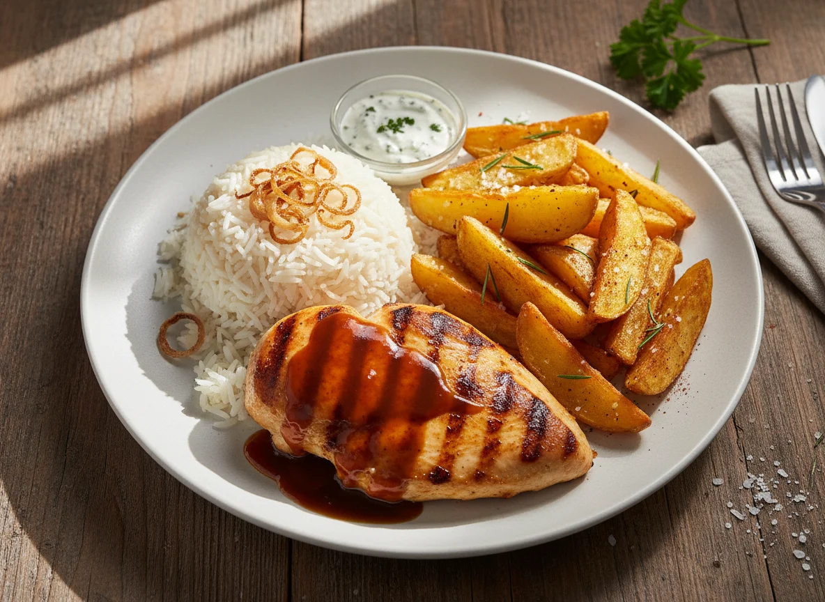 Chicken and Rice Meal with Potato Wedges photo