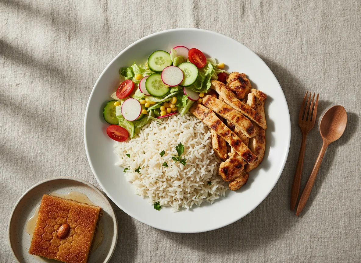 Chicken and Rice Meal with Salad and Dessert photo