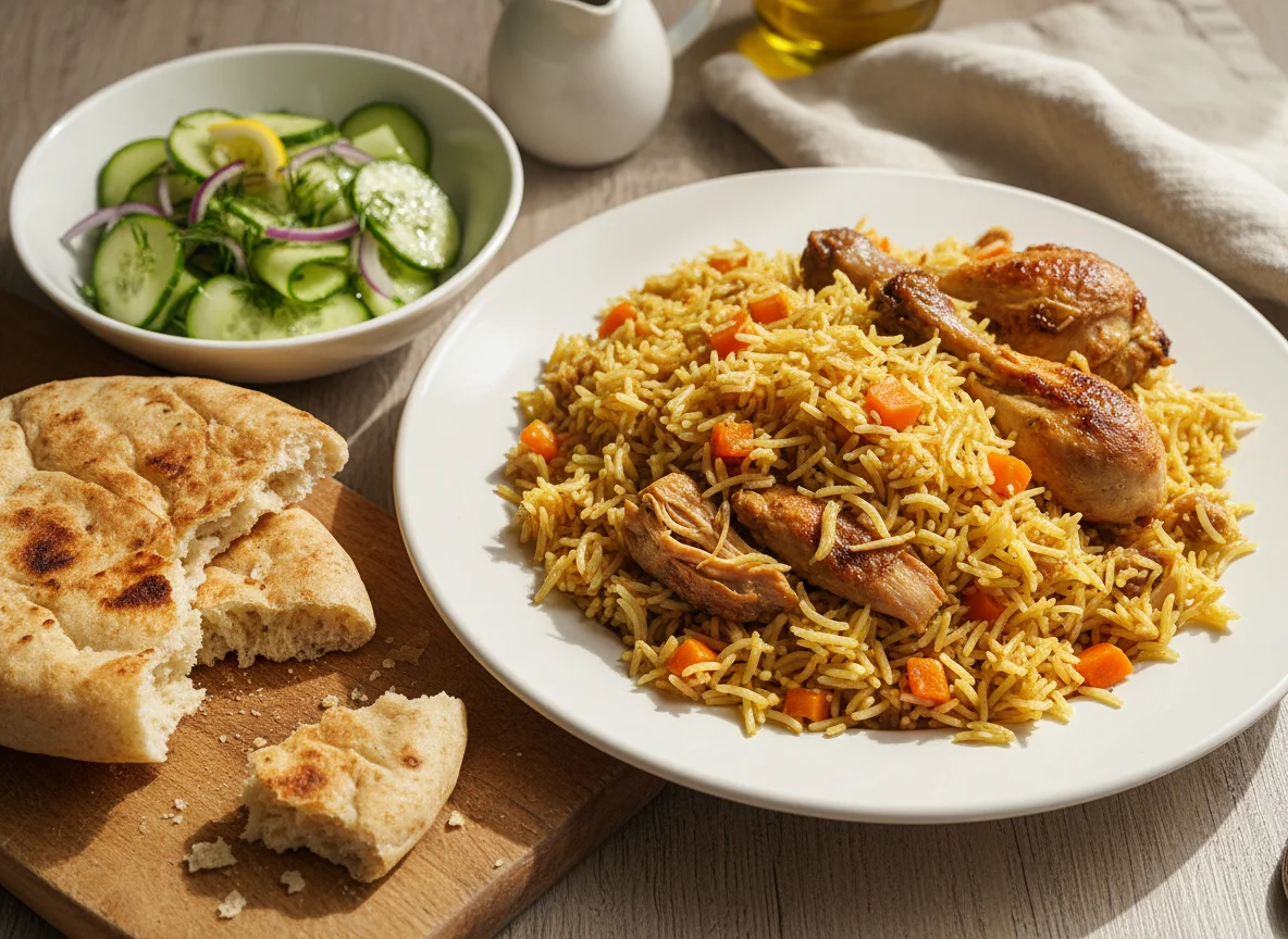 Chicken and Rice Pilaf with Cucumber Salad and Bread photo
