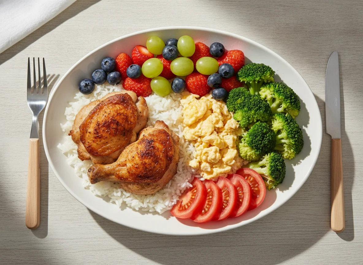 Chicken and Rice Plate with Fruit and Vegetables photo