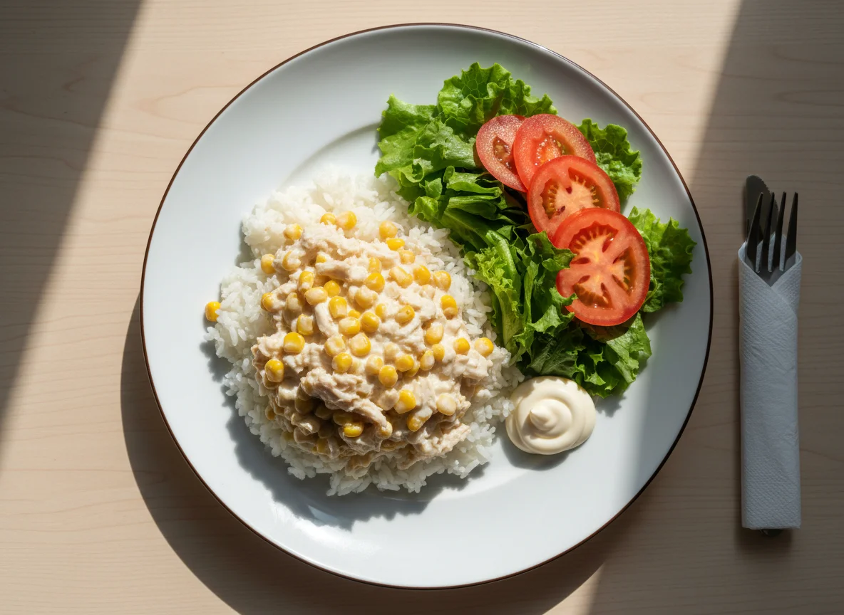 Chicken and Rice Plate with Salad and Mayonnaise photo