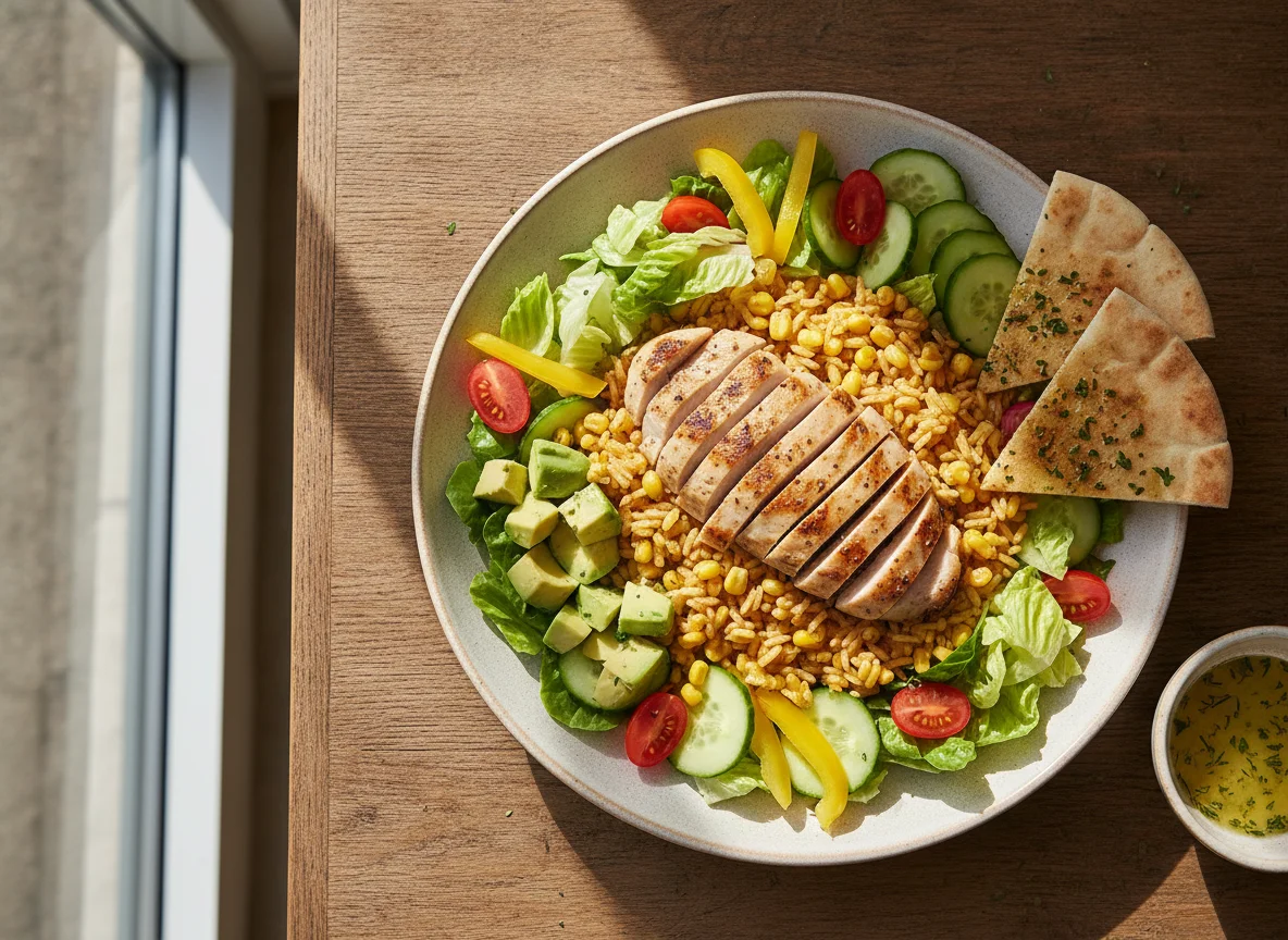 Chicken and Rice Salad Plate with Pita Bread photo