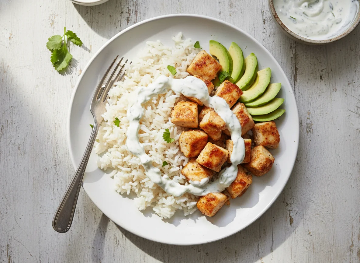 Chicken and Rice with Avocado and Sauce photo