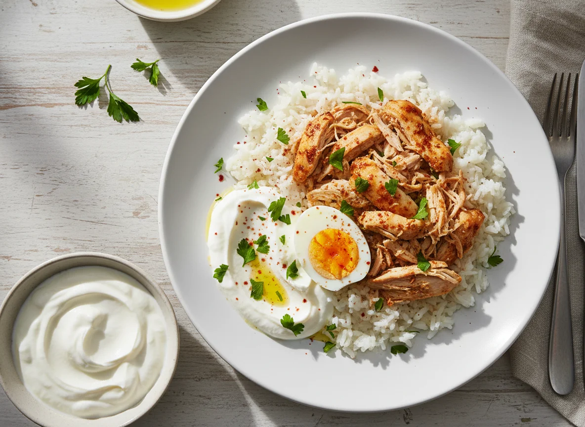 Chicken and Rice with Boiled Egg and Yogurt photo