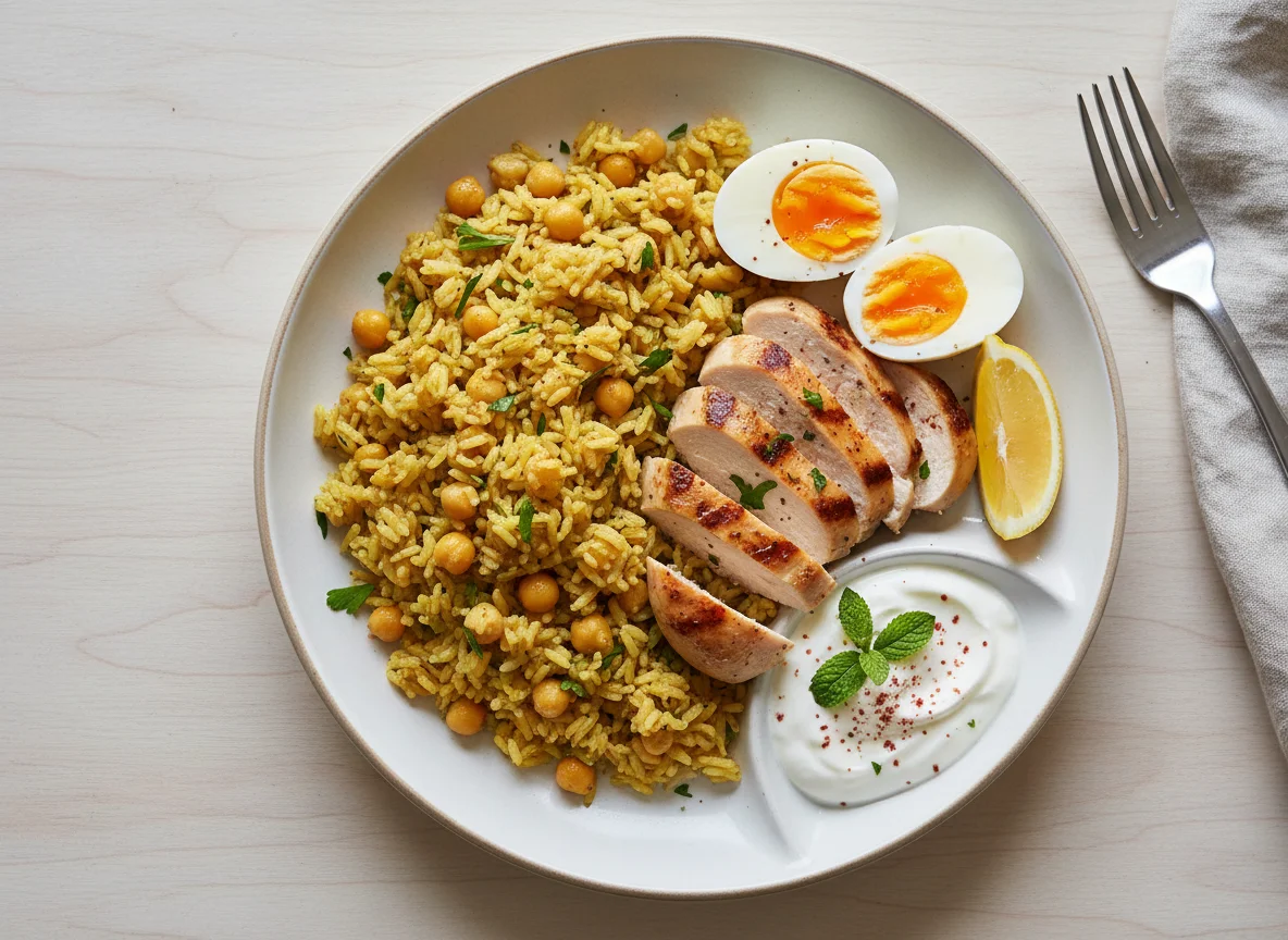 Chicken and Rice with Boiled Eggs and Yogurt photo