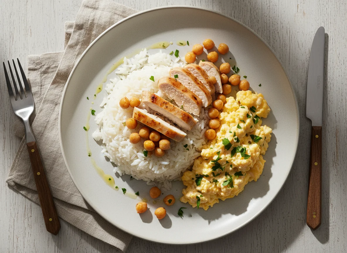 Chicken and Rice with Chickpeas and Scrambled Egg photo