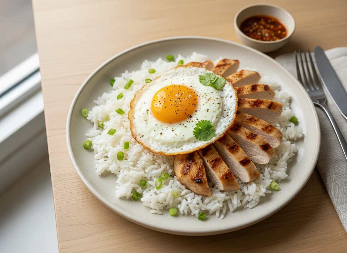 Chicken and Rice with Fried Egg photo