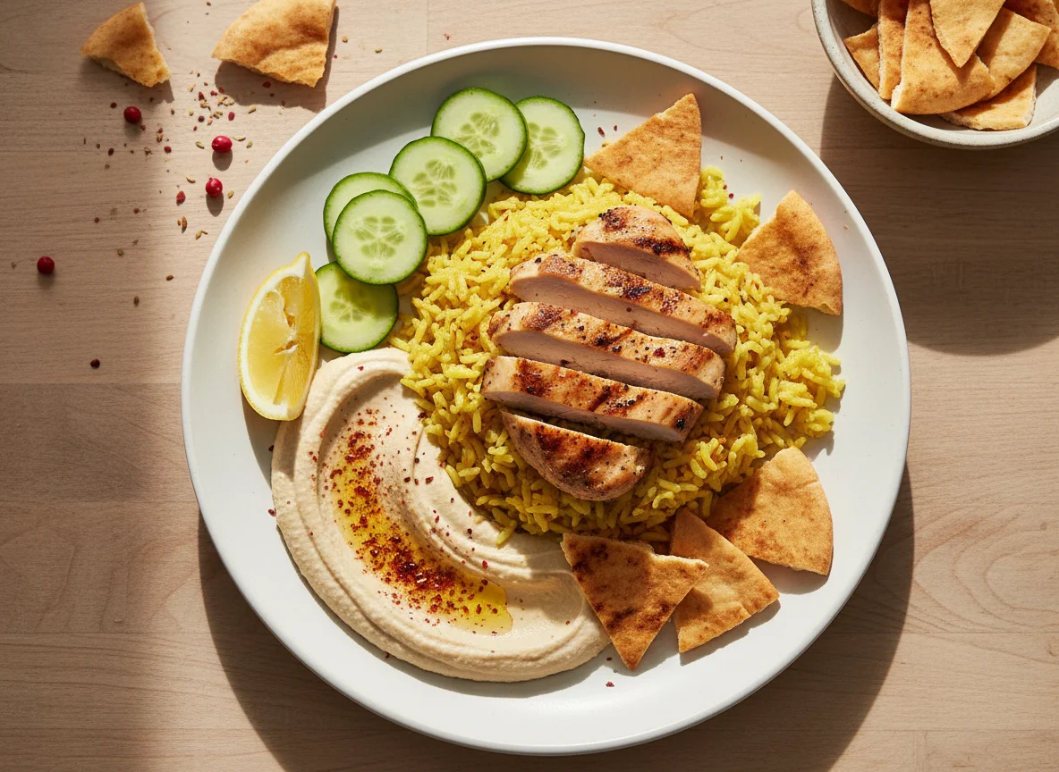 Chicken and Rice with Hummus and Pita photo