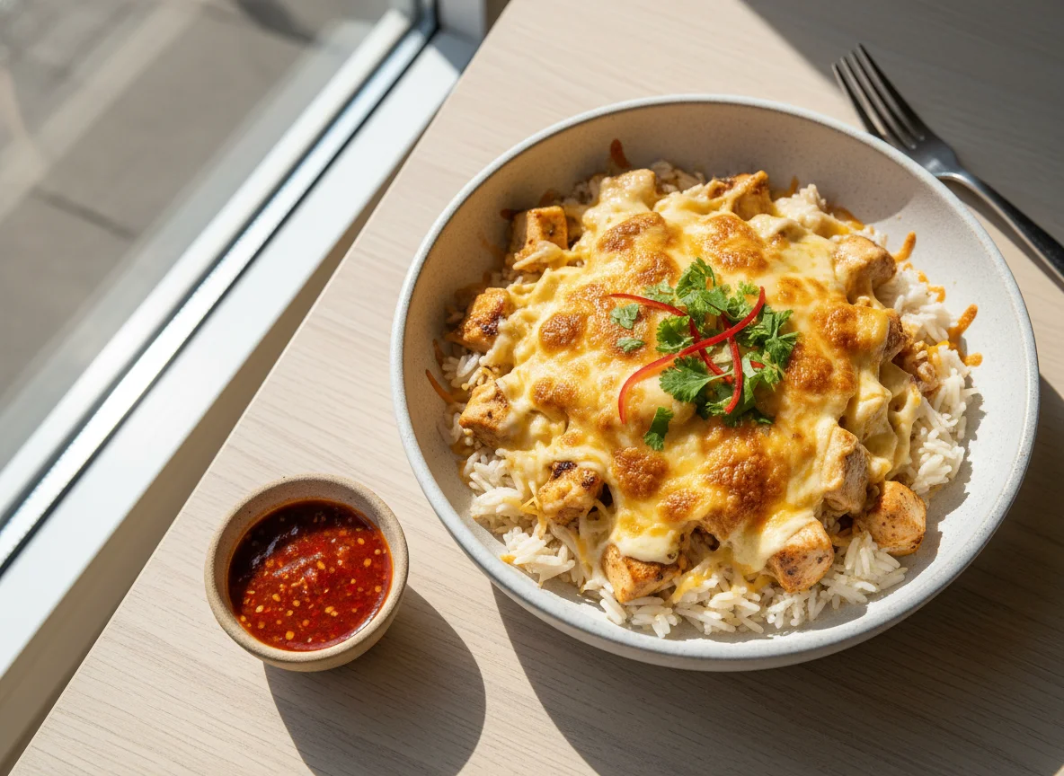 Chicken and rice with melted cheese photo