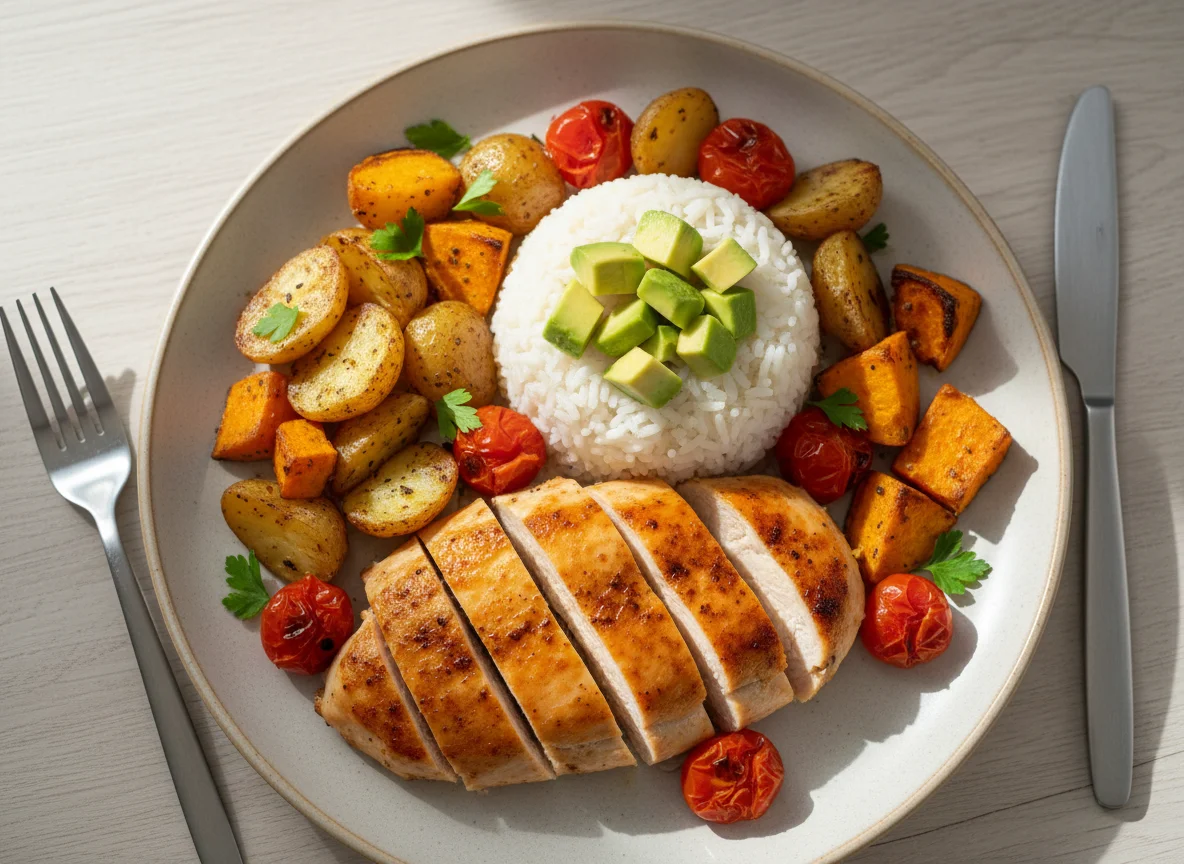 Chicken and Rice with Roasted Vegetables and Avocado photo