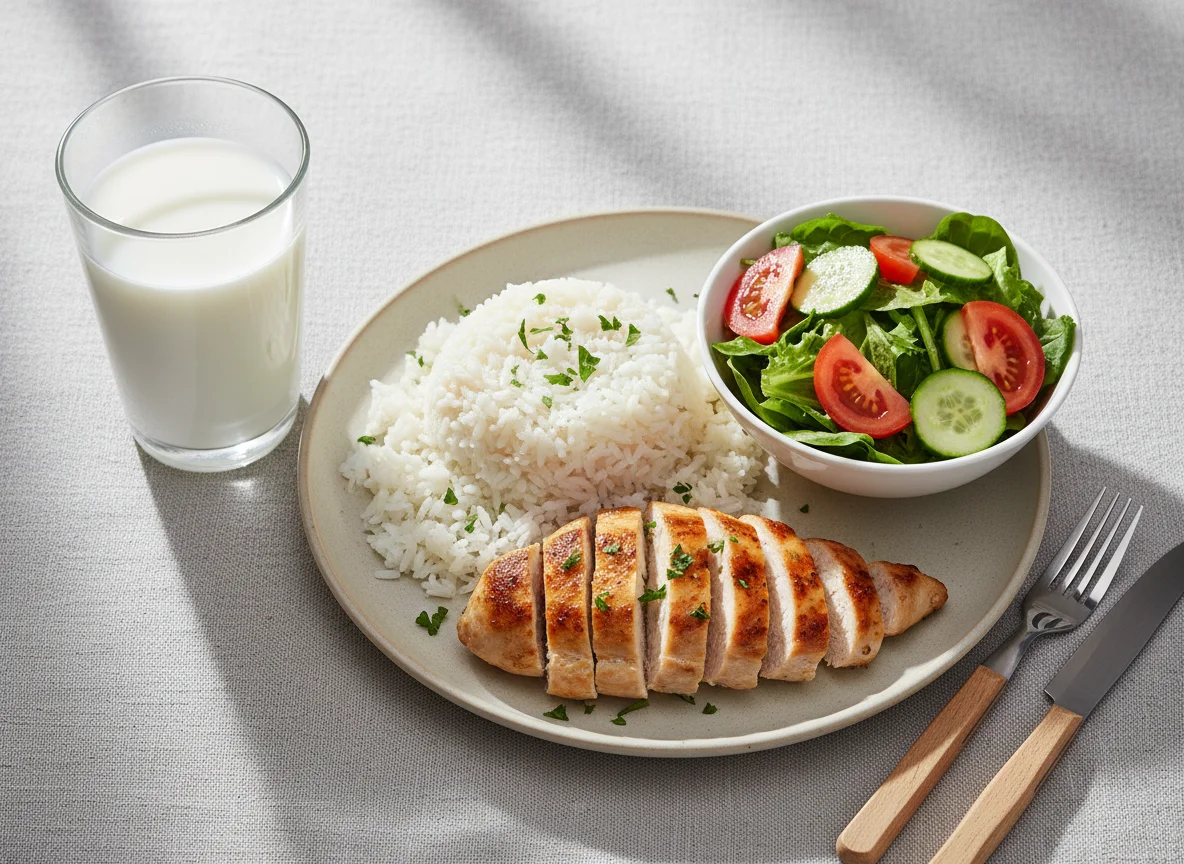 Chicken and Rice with Side Salad and Milk photo