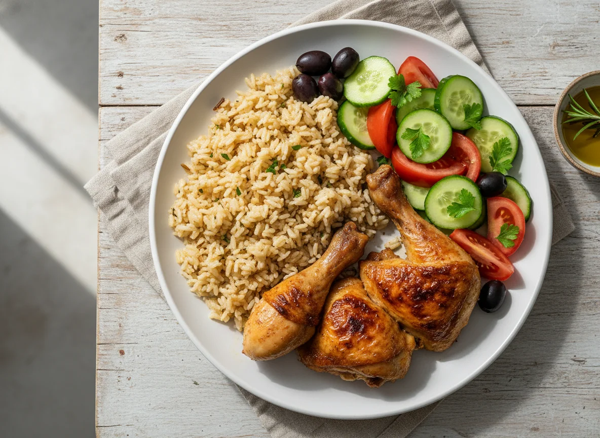 Chicken and Rice with Side Salad and Olives photo