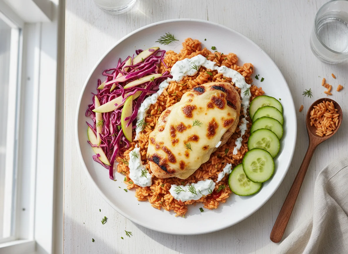 Chicken and Rice with Slaw and Cucumber photo