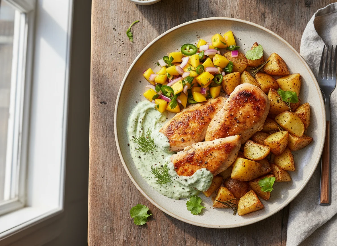 Chicken and Roasted Potatoes with Salsa and Creamy Sauce photo