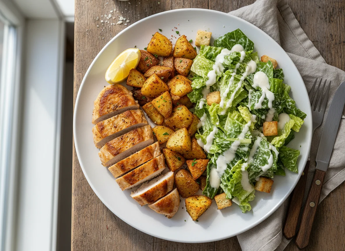 Chicken and Roasted Potatoes with Side Salad photo