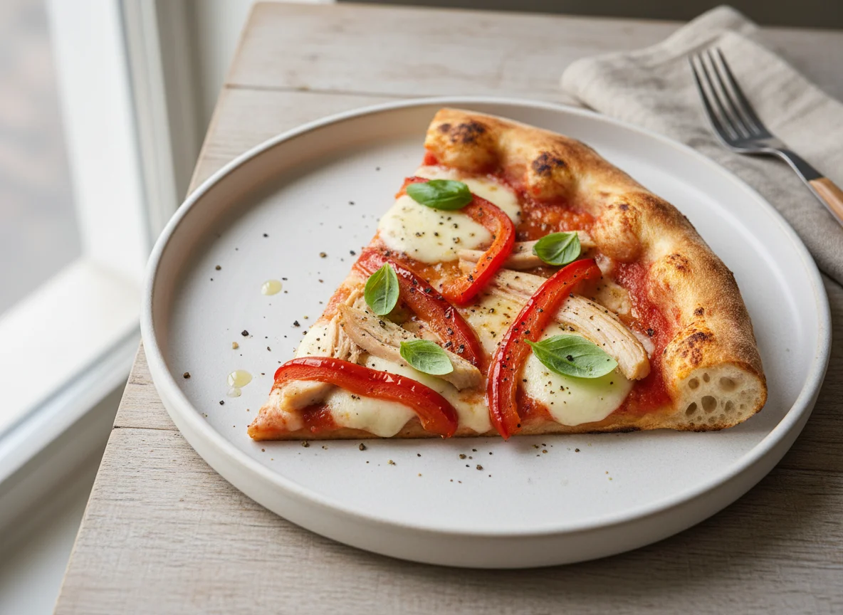 Chicken and Roasted Red Pepper Pizza Slice photo