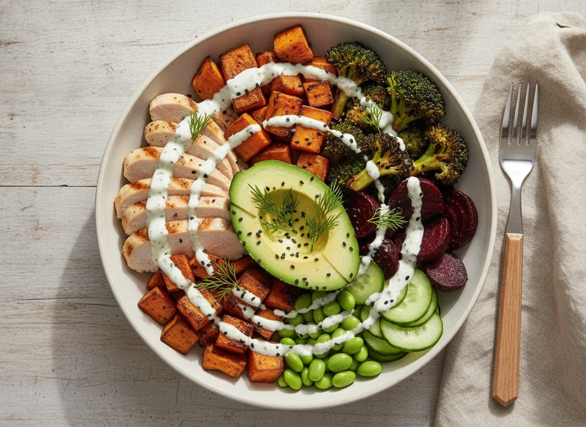Chicken and Roasted Vegetable Bowl with Yogurt Dressing photo