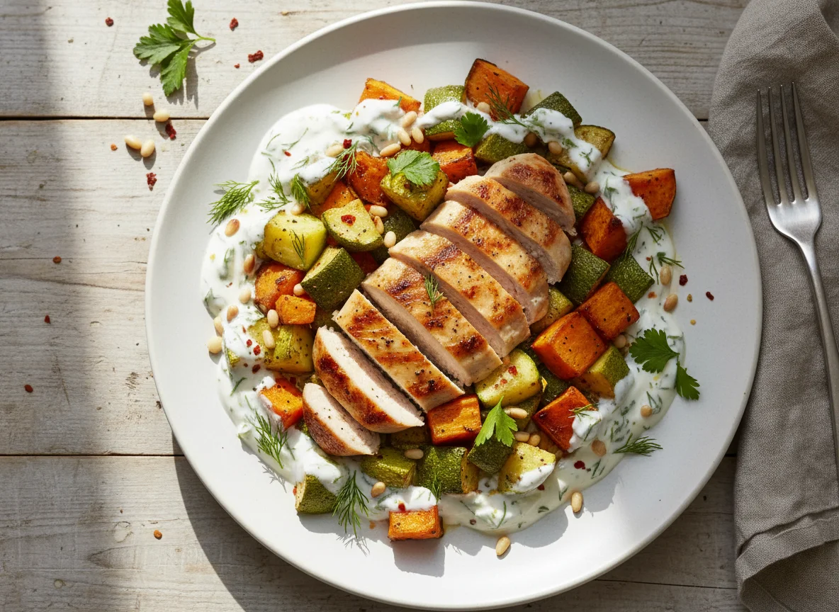 Chicken and Roasted Vegetables with Sauce photo