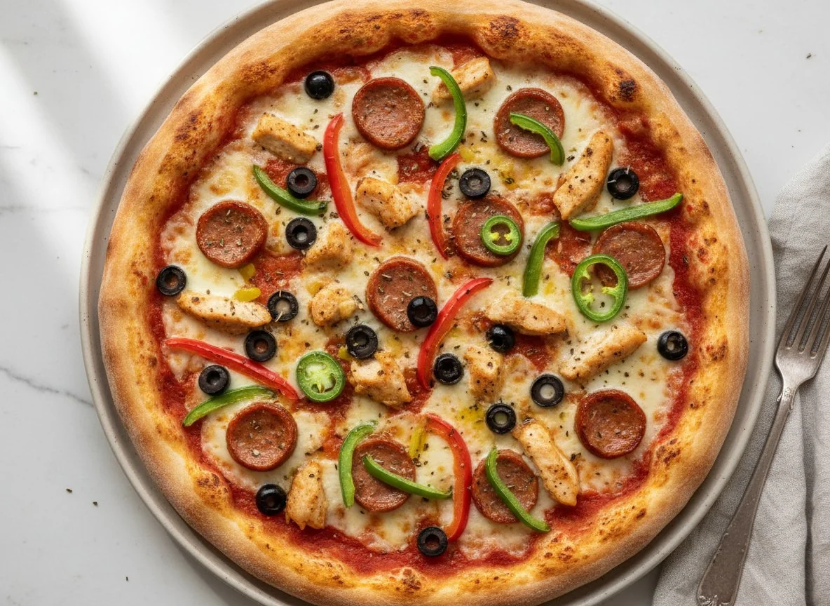 Chicken and Sausage Pizza with Olives and Peppers photo