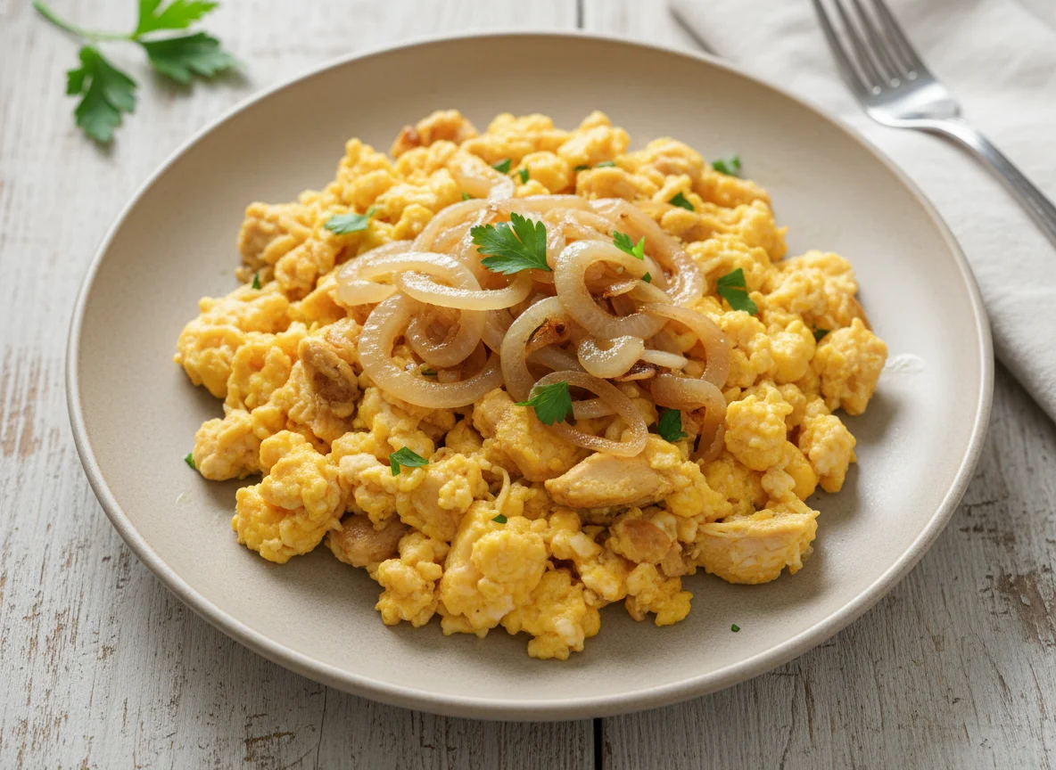 Chicken and Scrambled Egg with Sautéed Onions photo