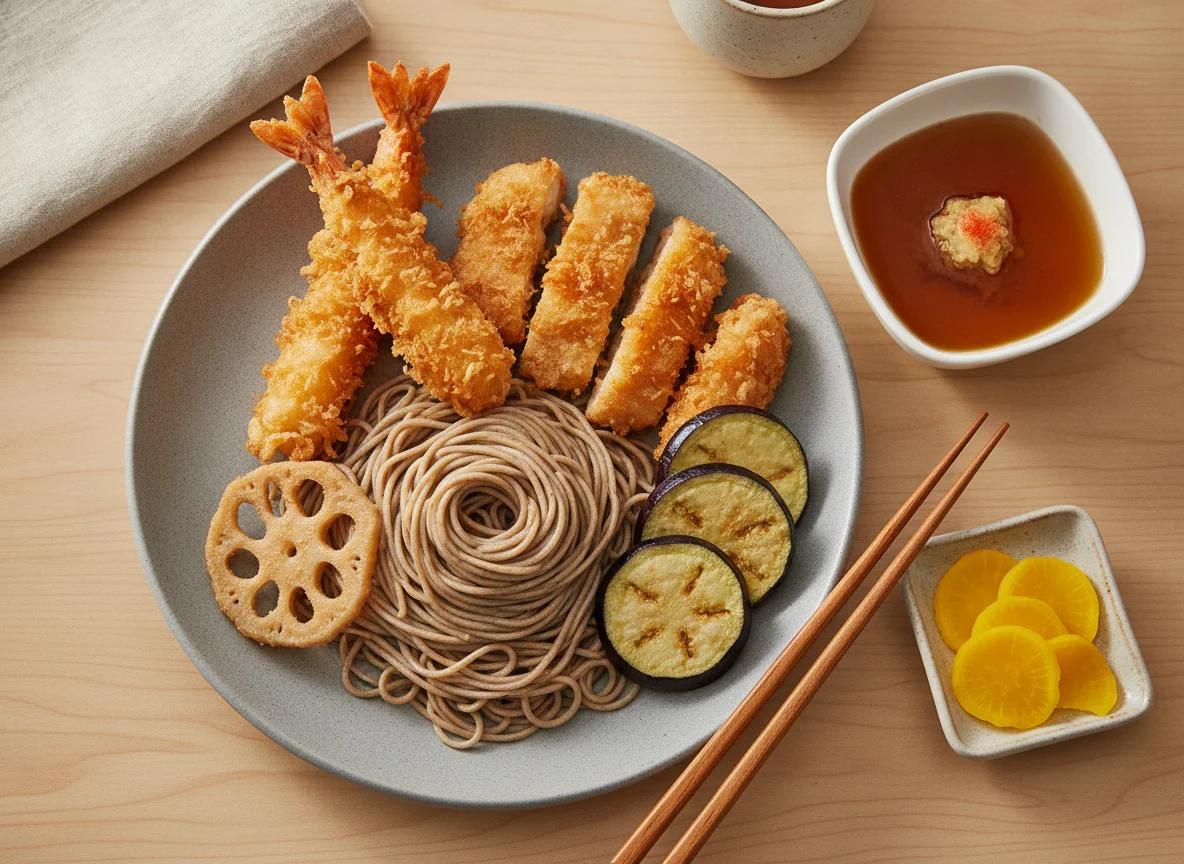 Chicken and Shrimp Tempura with Soba Noodles photo